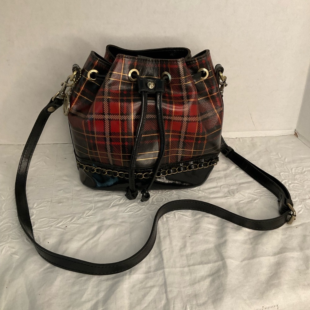 Patricia Nash leather tartan Melrose bucket drawstring crossbody bag